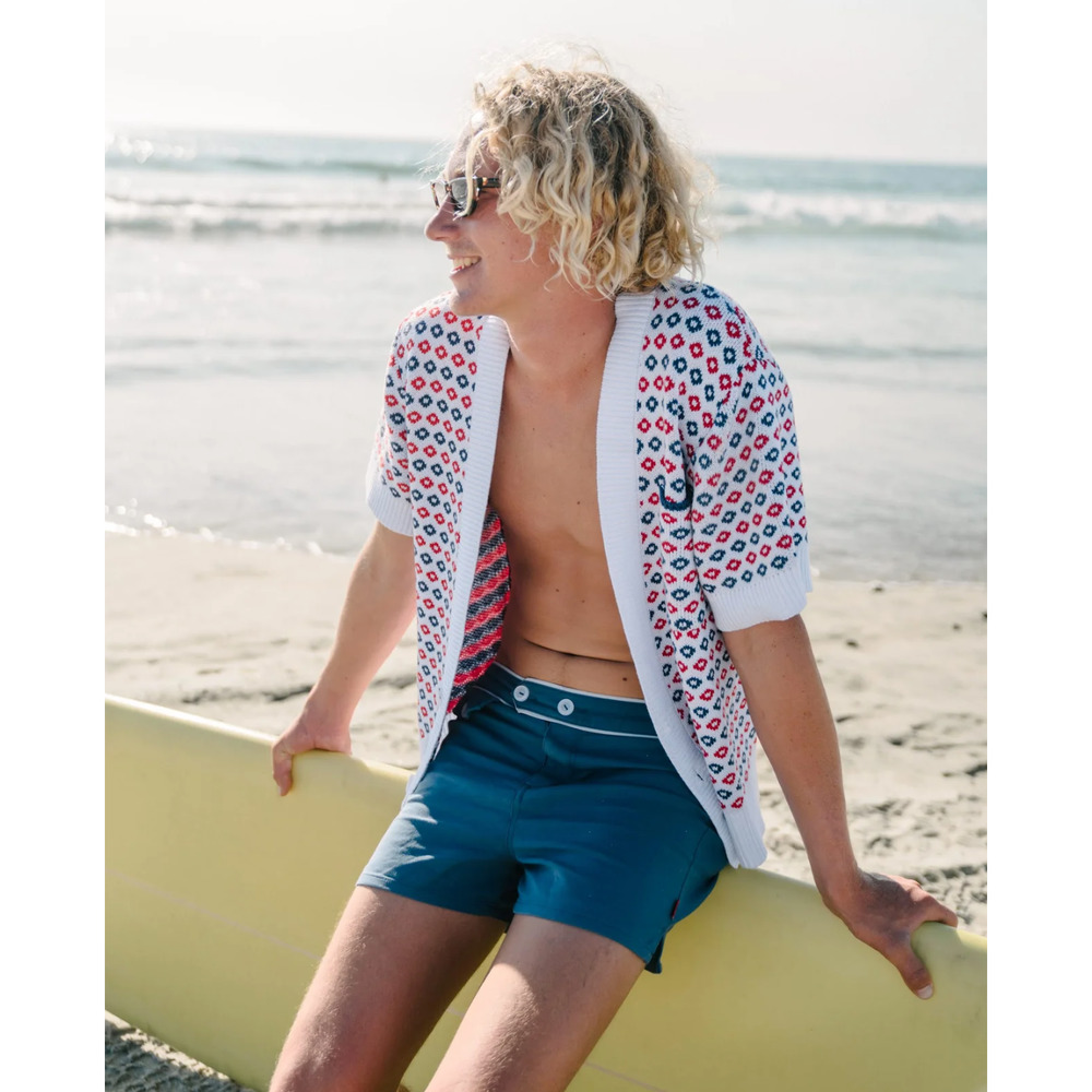 Hammie's Mens Knit Cabana Shirt Woven Cardigan Large Short Sleeve Red White Blue